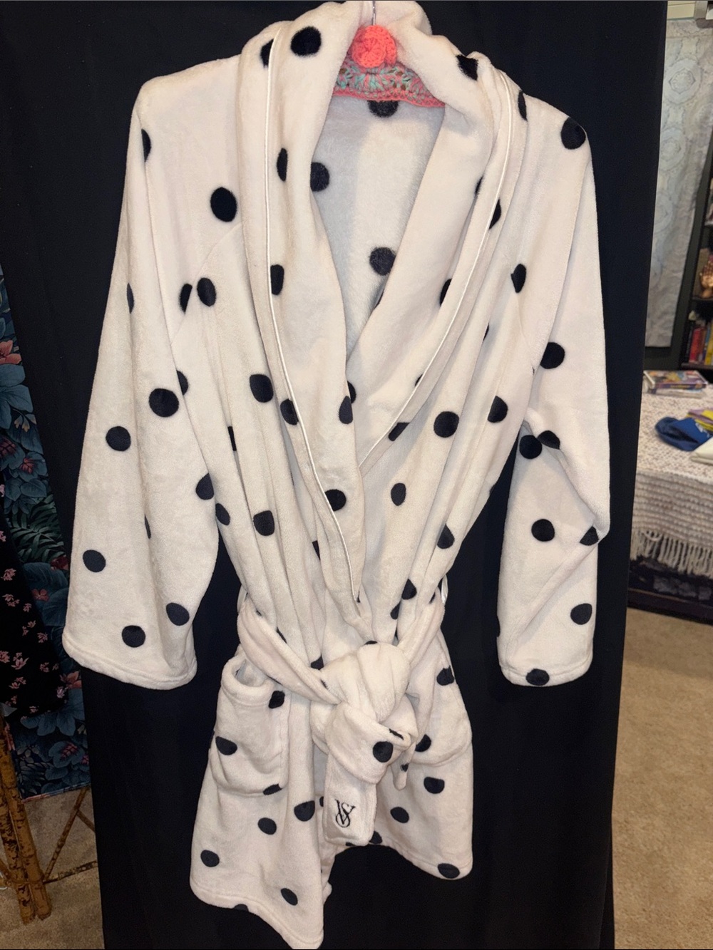 Victoria's Secret White Hooded Polka Dot Plush Robe with Black Dots